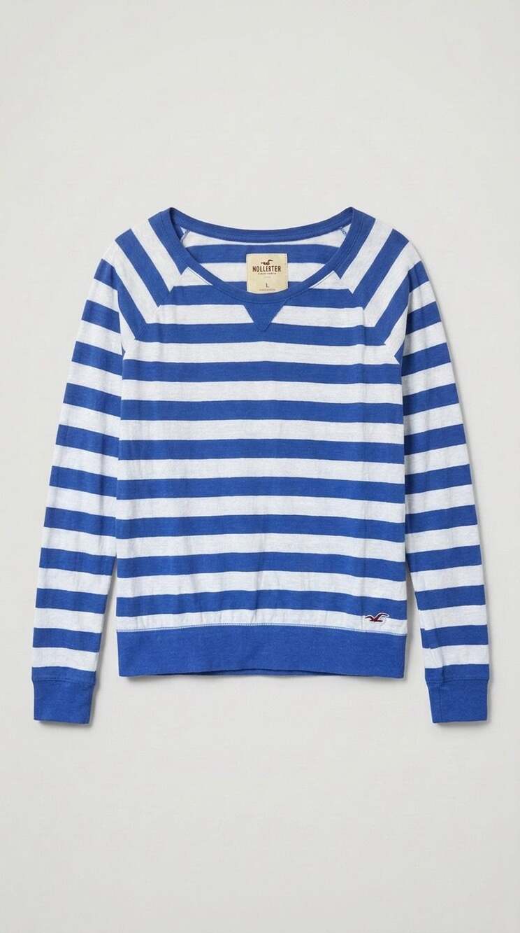 Y2K Hollister Blue and White Striped Long Sleeve Scoop Neck Pullover